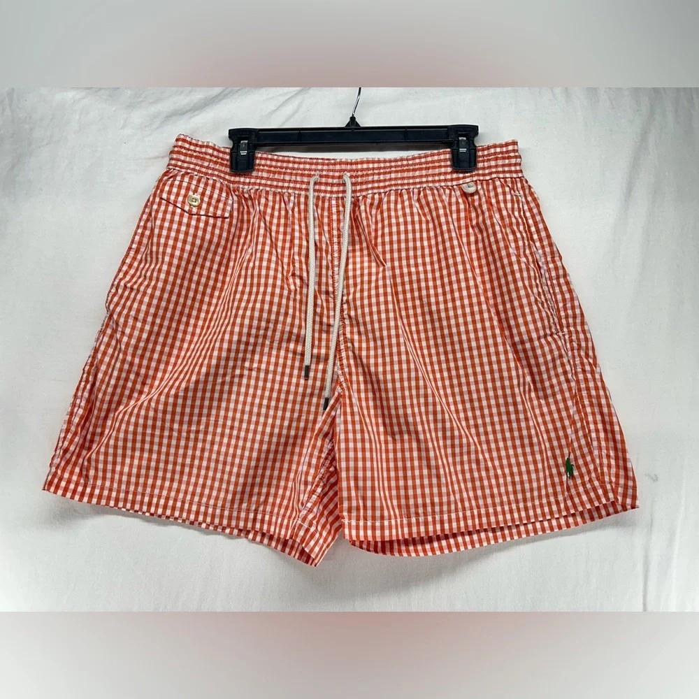 Polo Ralph Lauren Swim Shorts Mens XL Orange White Gingham‎ Check Mesh Lined